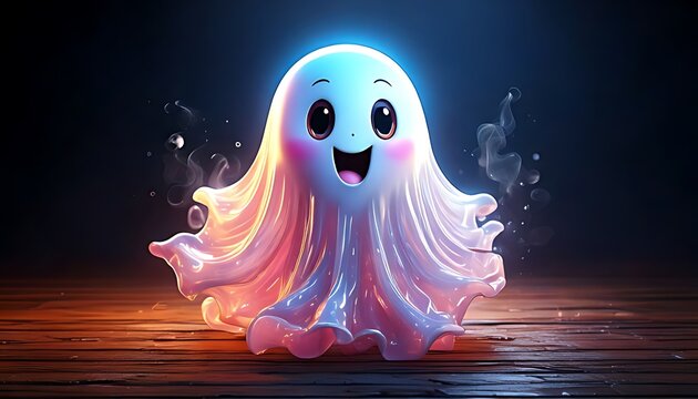 Cute glowing ghost character with a happy expression and flowing pink fabric texture.