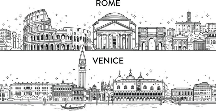 Italy landmarks banners set featuring Rome Colosseum Pantheon and Venice historic canals skyline vector illustration