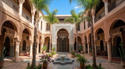 Fototapeta premium Intricate moorish architecture in a sunlit courtyard of the alhambra palace in granada