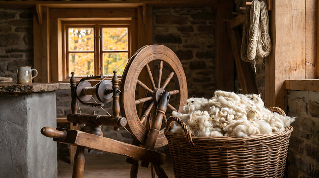 Antique wooden spinning wheel beside a wicker basket filled with raw sheep wool in a rustic stone cottage interior