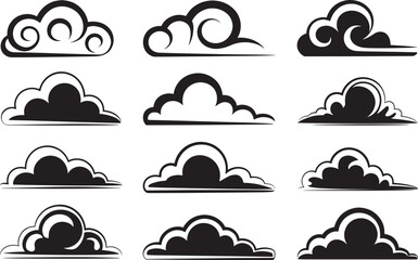 Fototapeta premium Set of stylized japanese clouds in black ink graphic style for oriental motif art and decorations.