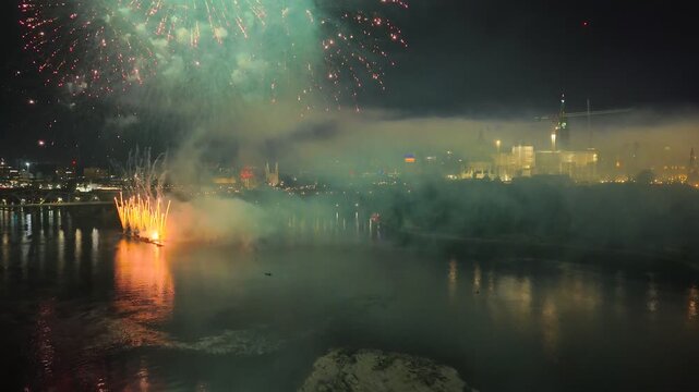 Ottawa, Canada, fireworks over Parliament Hill and the Ottawa River amid heavy smoke, haze and air pollution. g.