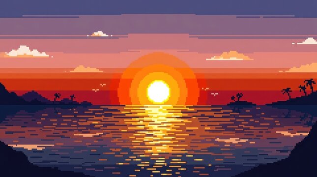 A beautiful pixel art landscape featuring a vibrant sunset over a calm ocean with distant silhouettes of islands