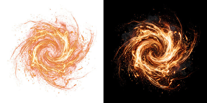 Fire vortex spinning with glowing sparks forming a swirling energy portal on black in PNG, Transparent and Black Background Versions for design use