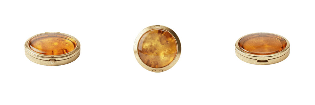 Set round amber stone compact mirrors or pill boxes in gold metal frames vintage accessories cosmetic pocket mirrors elegant trinkets luxury items