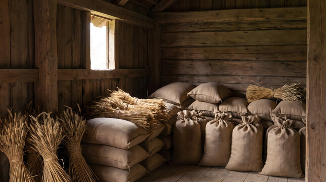 Burlap sacks filled with harvested grain and bundles of dried wheat stalks stored inside a rustic wooden barn with natural light from a window