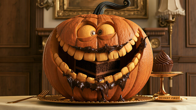 A carved pumpkin shows a big smiling face. The pumpkin has been cut open to reveal a cake inside. The table is set in a room with classic decor.