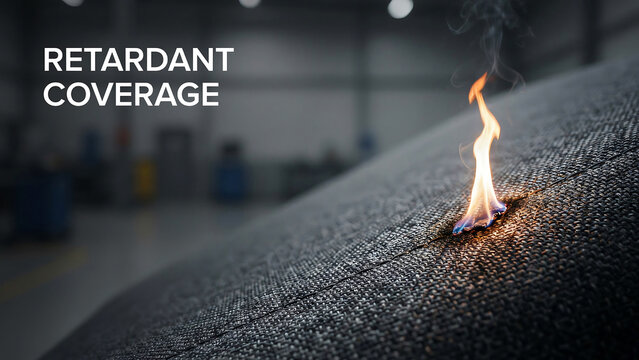 Fire flame burning on a gray fabric surface during fireretardant material safety testing