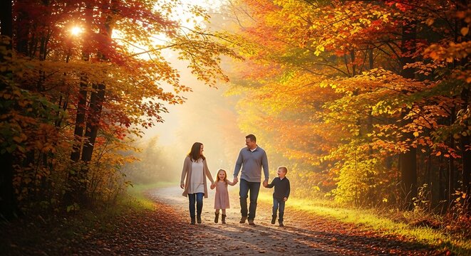 Family of four walking hand-in-hand down a sun-dappled autumn path surrounded by vibrant foliage