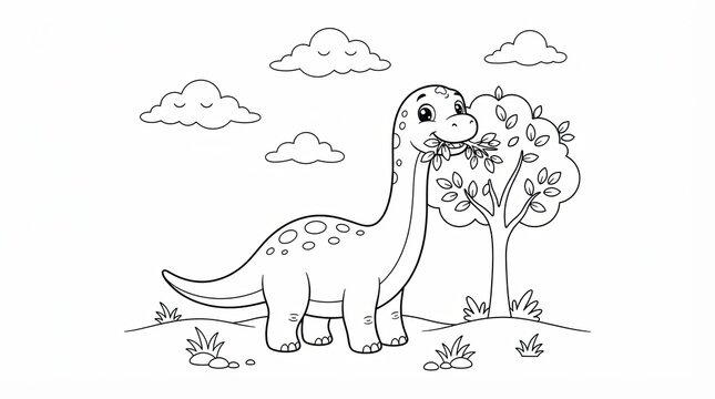 Cute cartoon dinosaur eating leaves from a tree coloring page drawing