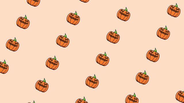 seamless pattern of halloween pumpkin, jack o lantern icons on orange,  looping background 4k.