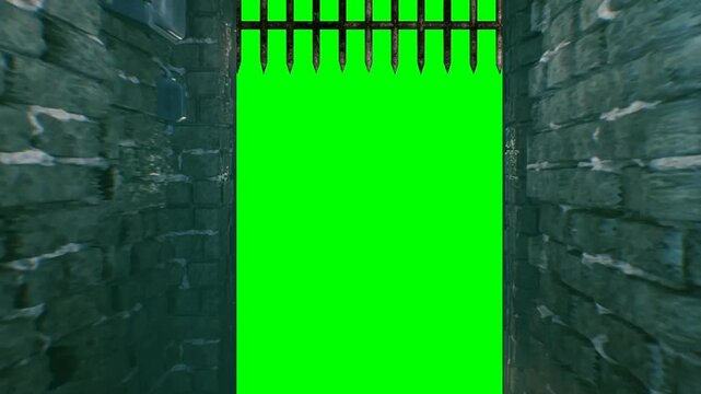dungeon prison, gate hallway, with green screen chroma key background