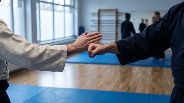 Martial arts students practicing defensive hand techniques in a dojo