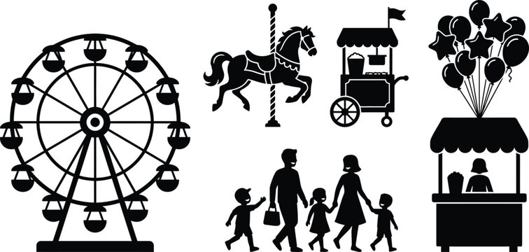 Set of black silhouettes featuring a ferris wheel carousel food stall balloons and a happy family at carnival