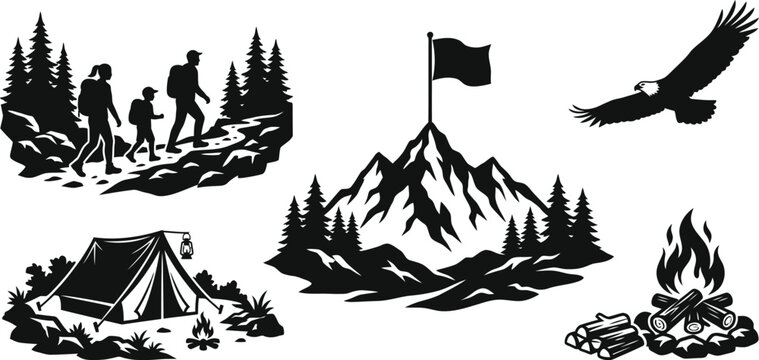 Set of black and white outdoor adventure icons featuring mountains hikers camping tent eagle and a campfire scene