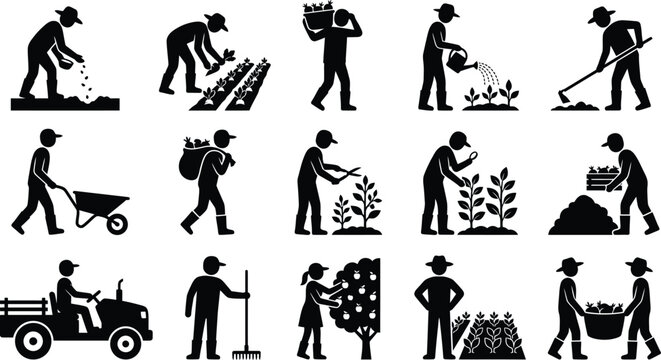 Set of black silhouette icons depicting various agricultural activities and farm work performed by farmers in the field daily