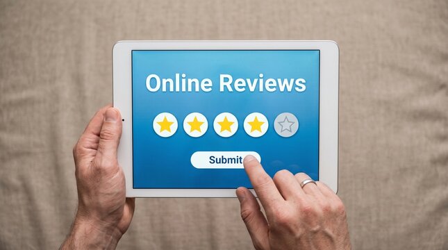 Online Reviews Screen: A person's hands hold a tablet displaying an Online Reviews screen with four golden stars and one silver star, and a submit button, indicating user feedback and evaluation.