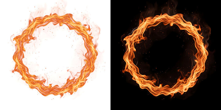 Ring of fire flame circle blazing brightly with sparks on a black background in PNG, Transparent and Black Background Versions