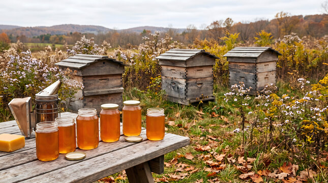 Glass jars filled with golden honey on a wooden table, next to a metal bee smoker and wooden beehives in a rural field during autumn