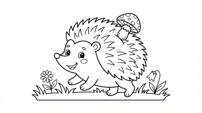Cute hedgehog with a mushroom on its back walking in the grass