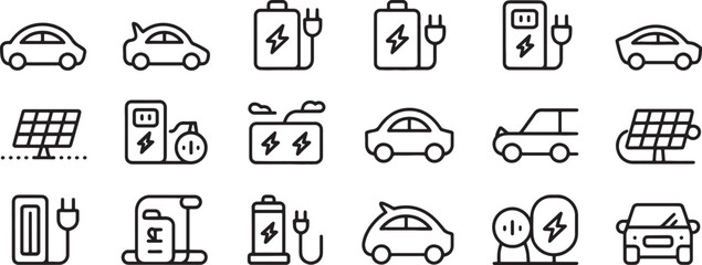 Fototapeta premium Electric Cars Icon Set with Charging Stations, Vehicle Types, and Electrical Plugs