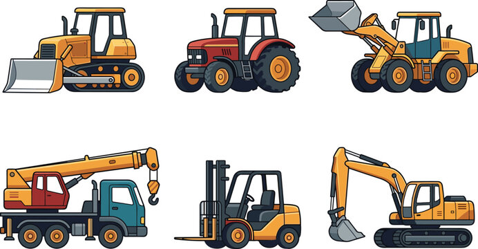 Vector cartoon illustration set of heavy construction machinery including excavator bulldozer forklift mobile crane front loader and tractor isolated on white background