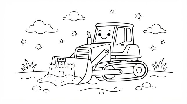 Cute cartoon bulldozer pushing a sandcastle for kids coloring book