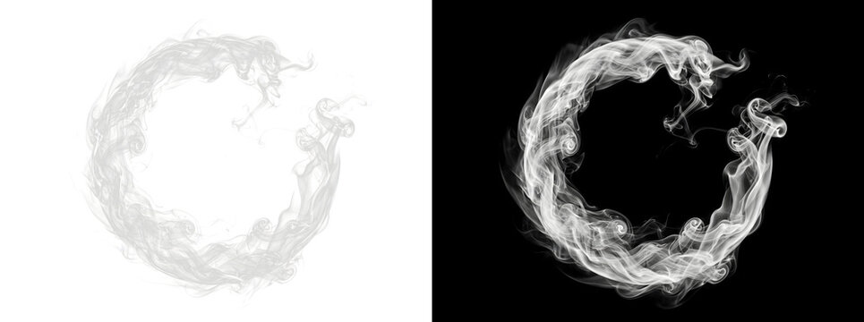 Smoke ring circle forming a swirling loop shape on a black background for mystical design in PNG, Transparent and Black Background Versions