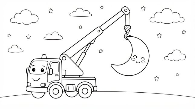 Cute cartoon crane truck lifting a smiling moon in the starry night