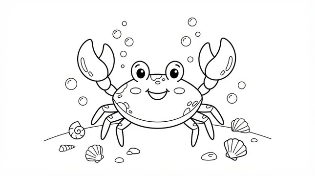 Cute cartoon crab character with bubbles and shells coloring page