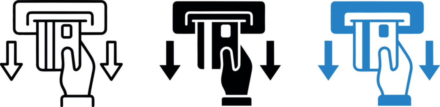 Atm Vector Icon Set Showing Credit Card Insertion Into Terminal Slot with Hand and Downward Arrow Symbols in Multiple Style Layouts