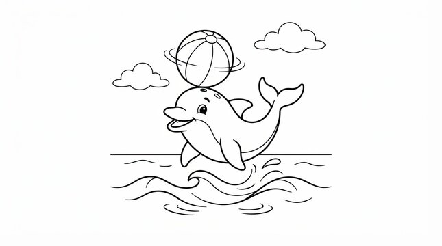 Cute cartoon dolphin balancing a beach ball on its nose for kids
