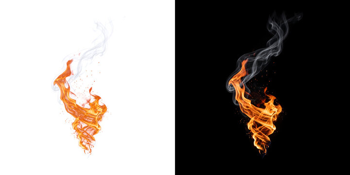 Twisted fire flame spiraling with sparks and rising smoke on a black background for dramatic design in PNG, Transparent and Black Background Versions