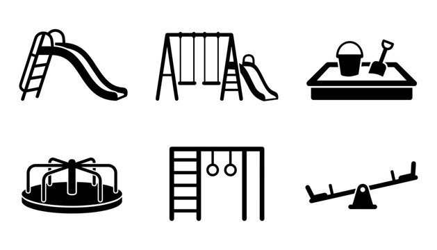 Set of playground equipment icons including slide, swings, sandbox, merrygoround, monkey bars and seesaw