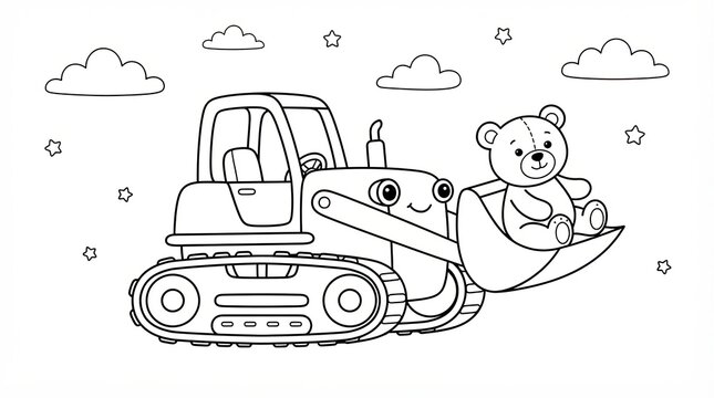 Cute Cartoon Tractor Carrying A Teddy Bear Coloring Page For Kids