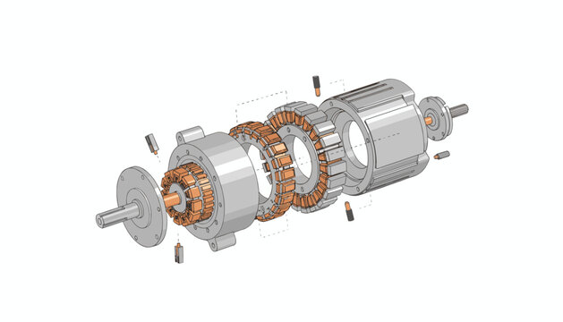Complex electromechanical motor components are displayed in an exploded view format on a clean white surface for engineering diagrams.