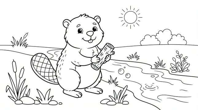 Cute cartoon beaver holding a wooden log by the river for coloring page
