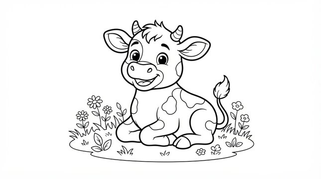 Cute baby cow sitting in grass with flowers for coloring page