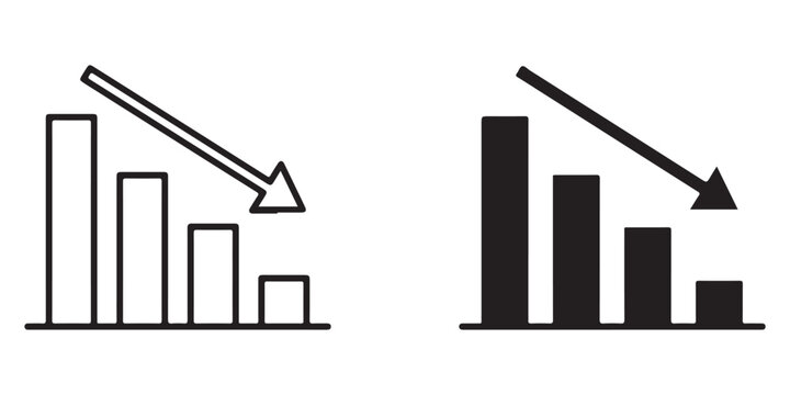 Downward trend bar chart with decreasing values and downward arrow indicator for financial analysis or data decline