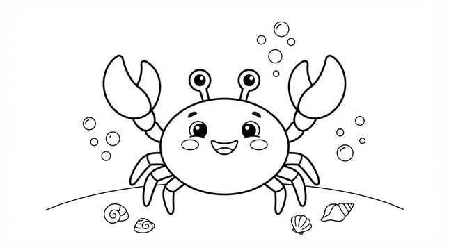 Cute cartoon crab character with bubbles and shells for coloring page