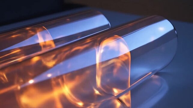 Reflective metallic cylinders with warm light glow and abstract patterns