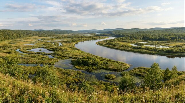 Meandering river winding through green wetland valley panorama