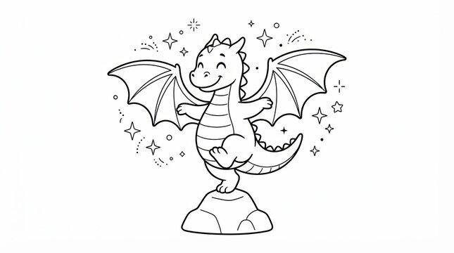 Cute little dragon character standing on a rock with magical stars