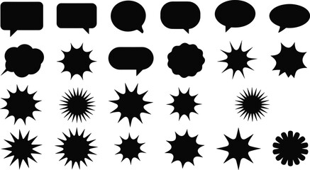 Retro comic book speech bubbles and spiky starburst explosion burst shapes black silhouette vector icons collection © mdtanjimul
