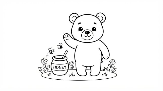 Cute cartoon bear waving hello next to a pot of honey for coloring page