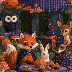 Naklejka premium Halloween forest animals fox rabbit deer owl with pumpkin and candy in magical night scene