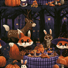 Naklejka premium Halloween forest picnic with costumed foxes, owl, deer, pumpkins, and treats creating magical and cozy atmosphere