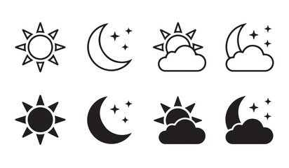 Fototapeta premium Sun and moon weather icon pack including cloudy day, cloudy night, crescent moon, stars and forecast symbols. Modern outline and silhouette vector illustration for digital and print projects.