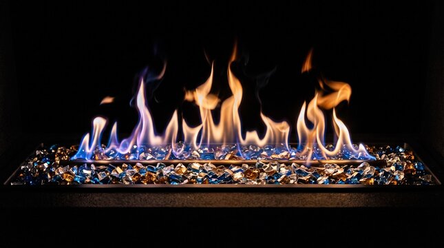 Fireplace fire transparent burning with blue and orange flames