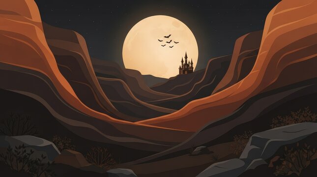 A stunning digital illustration of a glowing full moon rising over a dark desert canyon landscape at night time